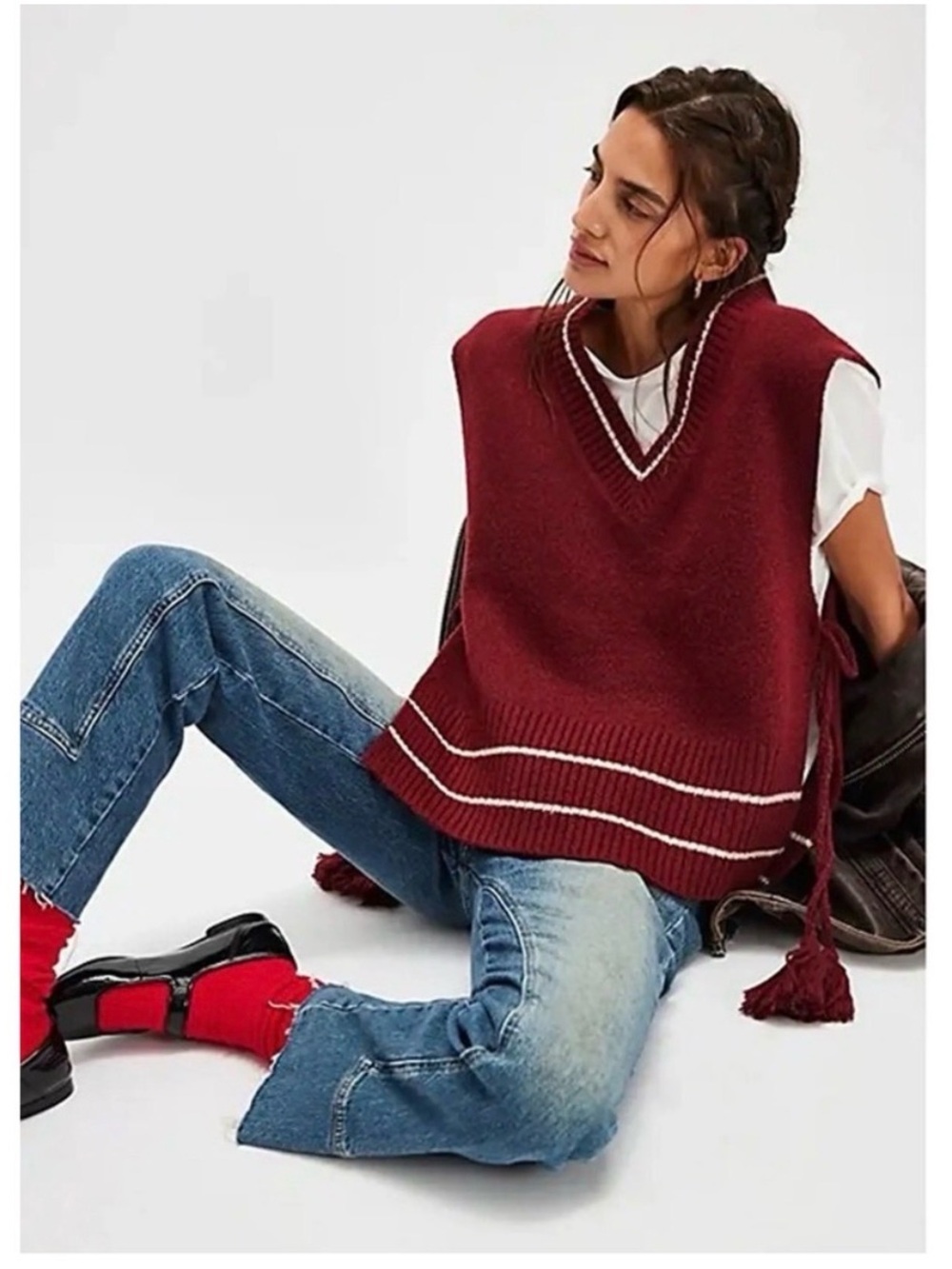 Free People All Star Sweater Vest Poncho maroon Stripe Side Tie Boho OS. In good
